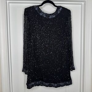 Vintage Laurence Kazar Women’s Beaded and Embroidered 100% Silk Long Blouse